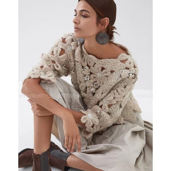 Brunello Cucinelli Flower Crocheted Sweater Top Sequins Size S - Picture 4 of 10